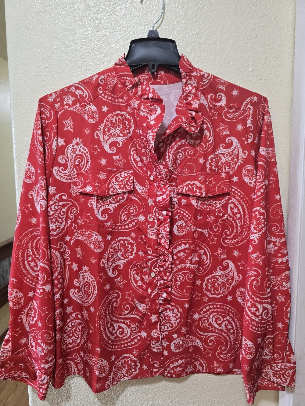 Red Paisley Ruffle Button-Front Blouse